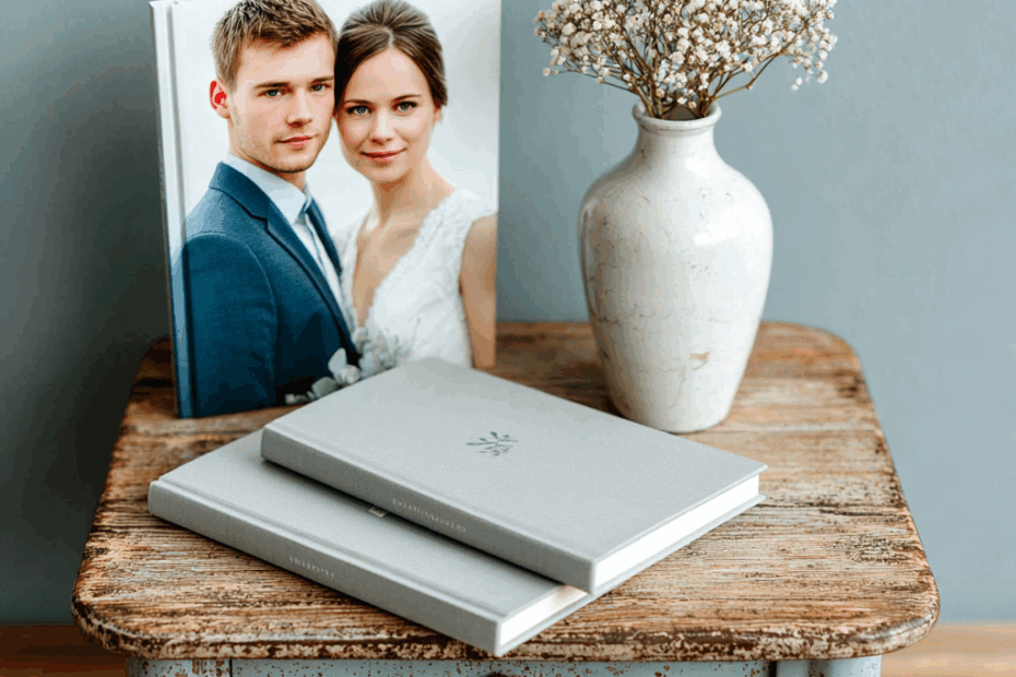 Nachtisch mit Dekoelemente. Bild, Vase, Bücher