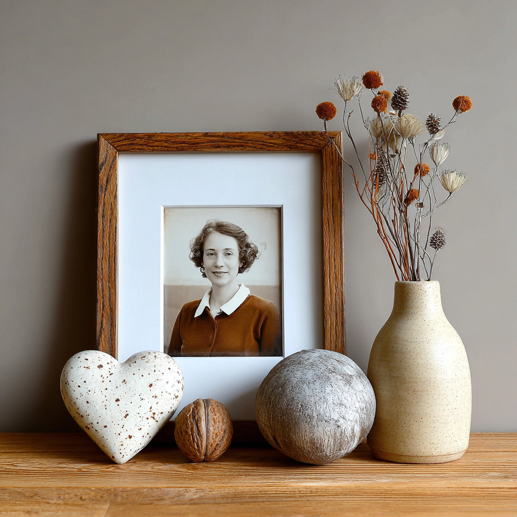 Das Bild einer verstorbenen Angehörigen ist in einem braunen Holzrahmen eingefasst. Es lehnt an einer Wand und davor sind verschiedene Deko Objekte wie Steine und eine Vase sichtbar.